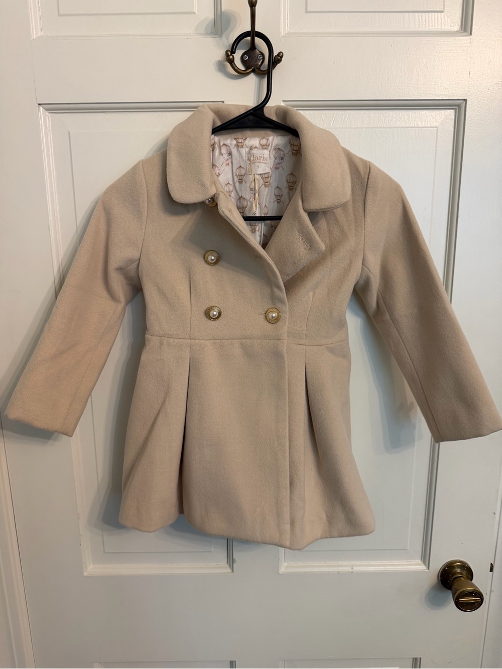 Girls' Cream Double-Breasted Pea Coat with Gold Buttons